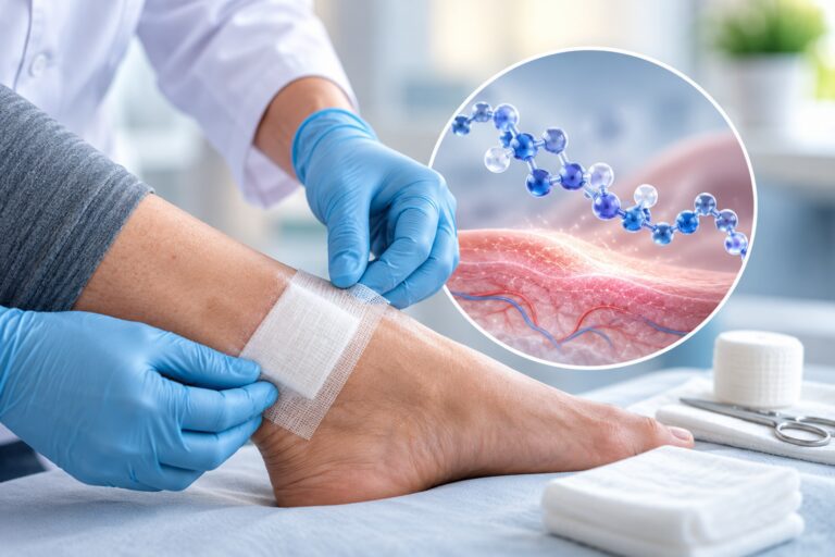 Healthcare professional applying a wound dressing with a peptide illustration representing BPC-157 wound healing and tissue regeneration research.