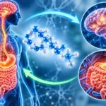 Medical illustration of the brain-gut axis with the digestive tract, brain, and peptide molecule representing BPC-157 gastrointestinal healing and gut barrier function research.