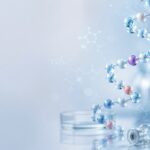 Peptide molecular structure with laboratory vials representing peptide therapy research, uses, evidence and safety.