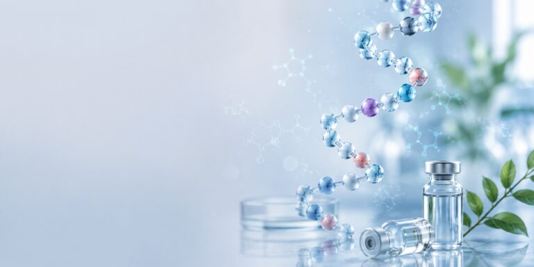 Peptide molecular structure with laboratory vials representing peptide therapy research, uses, evidence and safety.