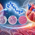 Medical illustration of thymosin beta-4 showing peptide-driven cardiac tissue regeneration, vascular growth, and cellular repair associated with regenerative medicine research.