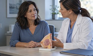 Woman discussing hormone therapy and breast health with a healthcare professional.